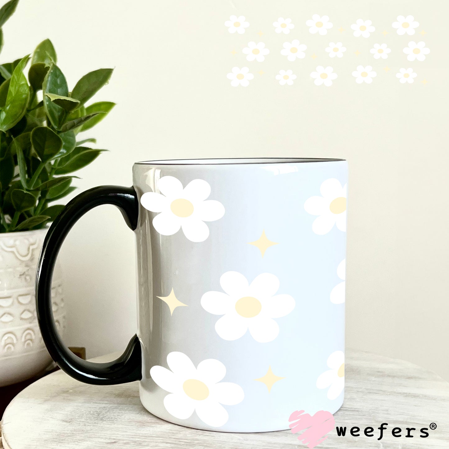 White Daisies Yellow Diamonds UV DTF Cup Wrap 11oz Coffee Mug Weefers