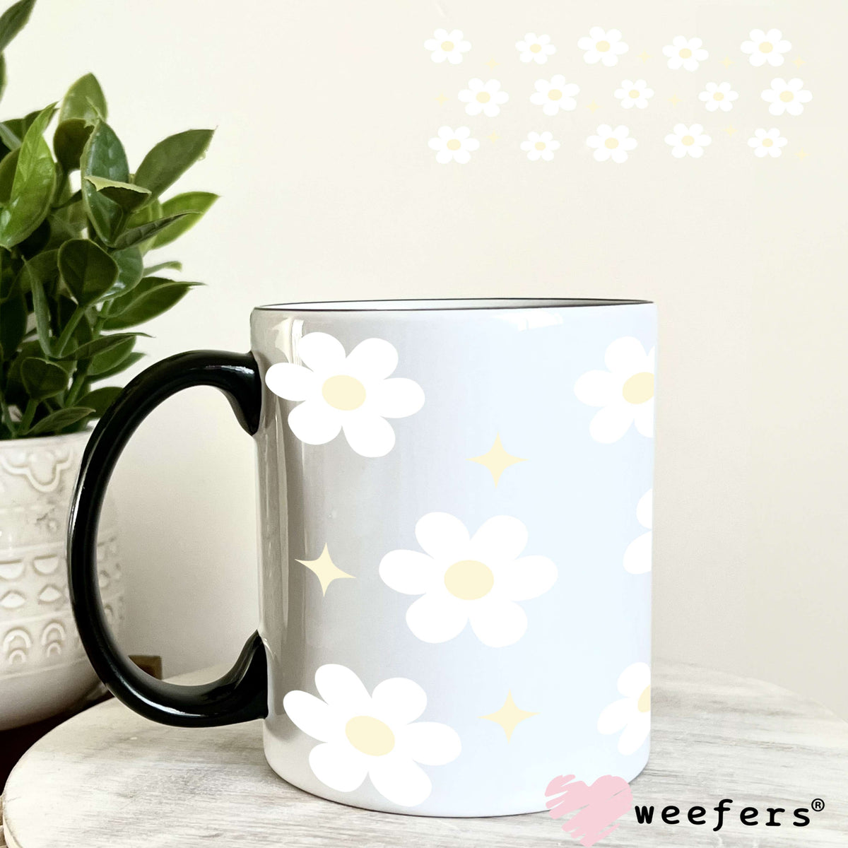 White Daisies Yellow Diamonds UV DTF Cup Wrap 11oz Coffee Mug Weefers