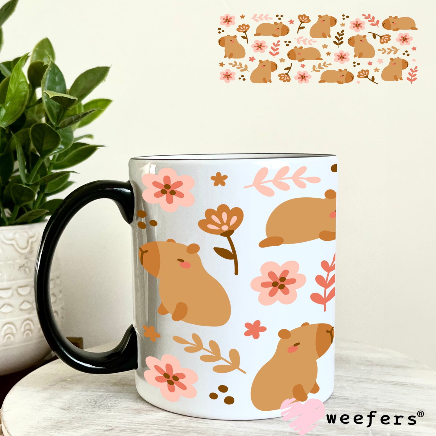 Capybara and Flowers UV DTF Cup Wrap 11oz Coffee Mug Weefers