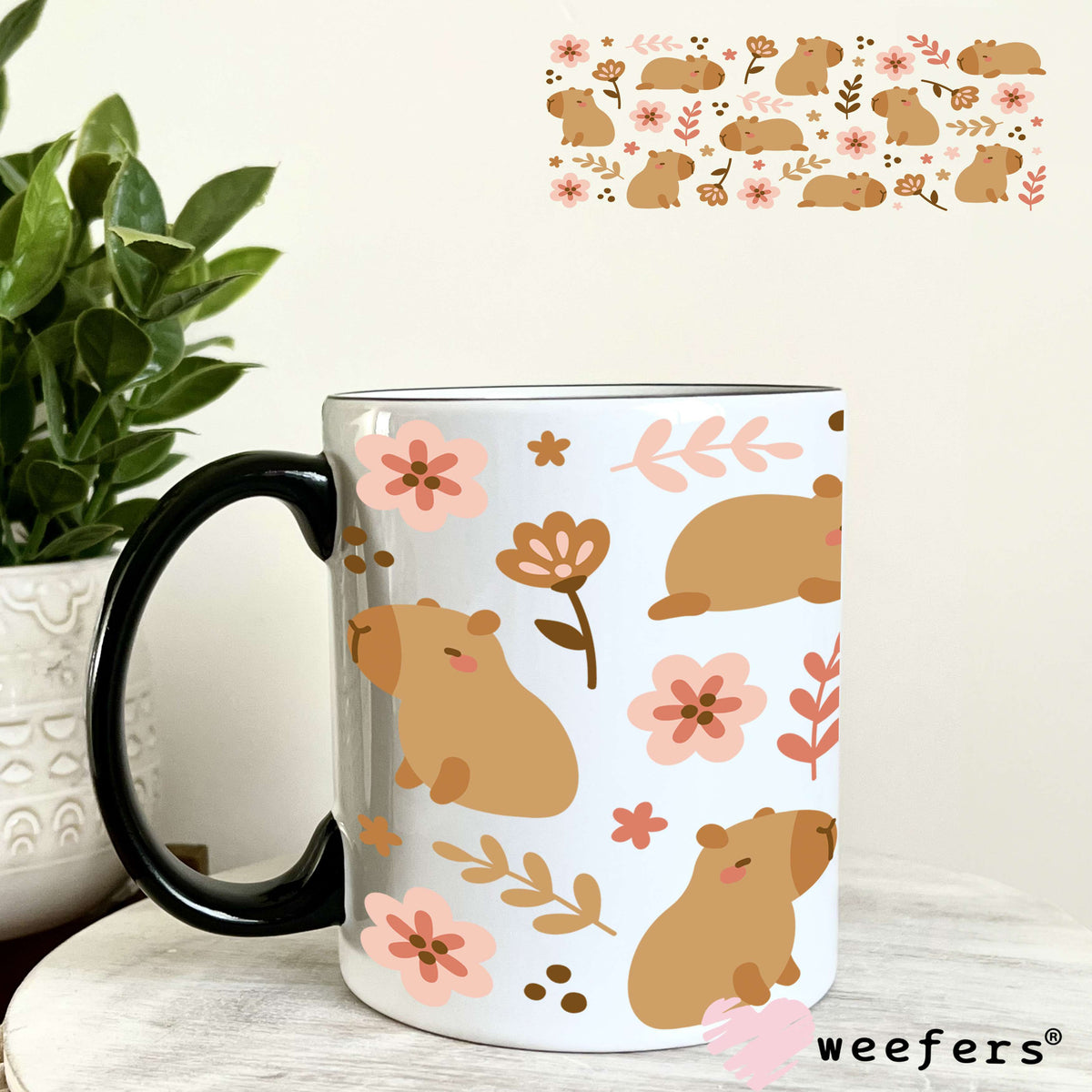 Capybara and Flowers UV DTF Cup Wrap 11oz Coffee Mug Weefers
