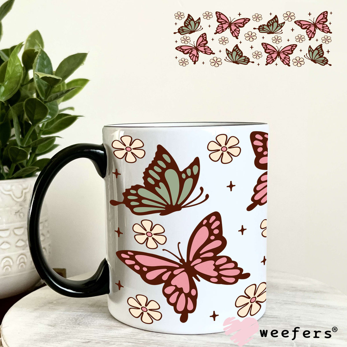 Mauve and Green Butterflies UV DTF Cup Wrap 11oz Coffee Mug Weefers