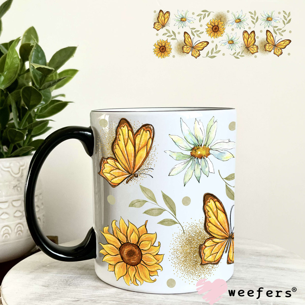 Yellow Butterflies and White Flowers UV DTF Cup Wrap 11oz Coffee Mug Weefers