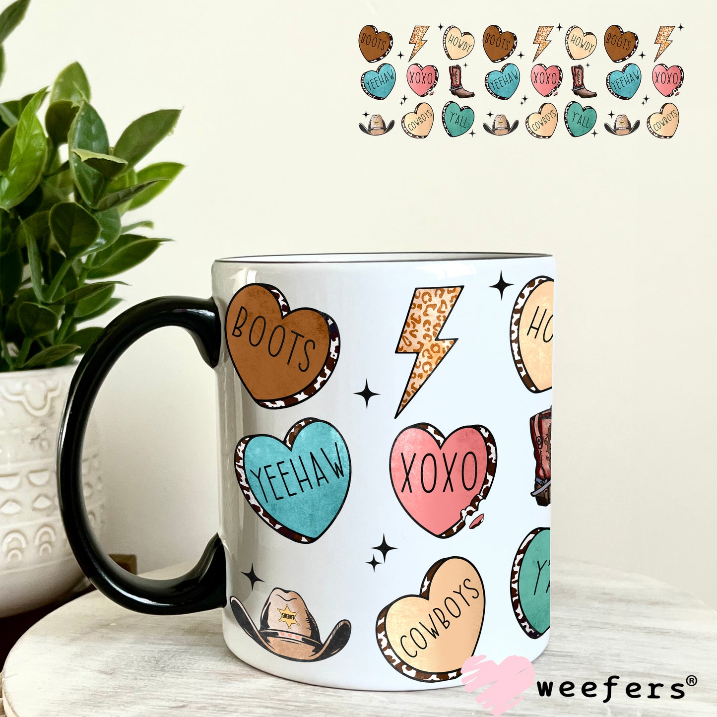 Western Valentine Hearts UV DTF Cup Wrap 11oz Coffee Mug Weefers