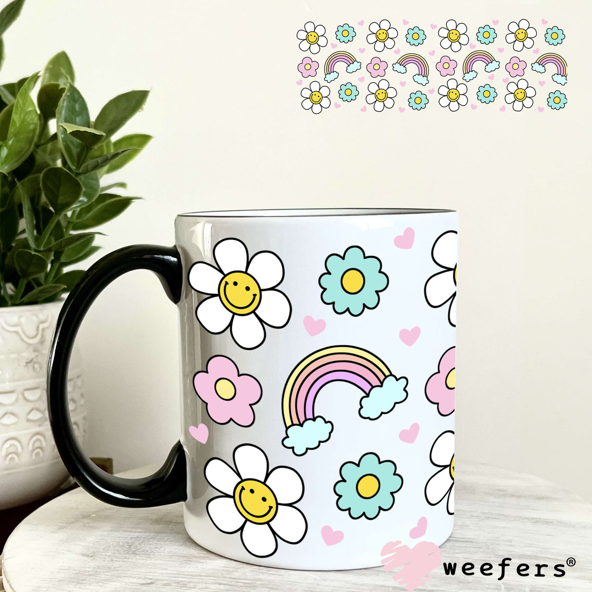 Smile Face Flowers and Rainbows UV DTF Cup Wrap 11oz Coffee Mug Weefers