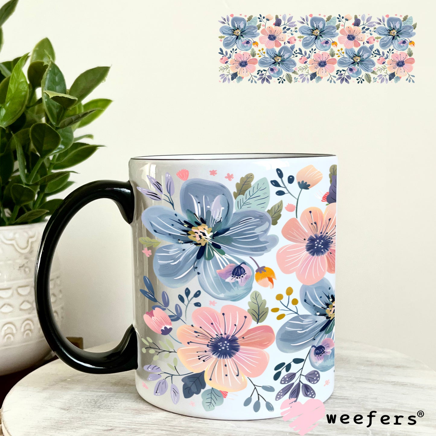 Blue and Blush Pink Flowers UV DTF Cup Wrap 11oz Coffee Mug Weefers