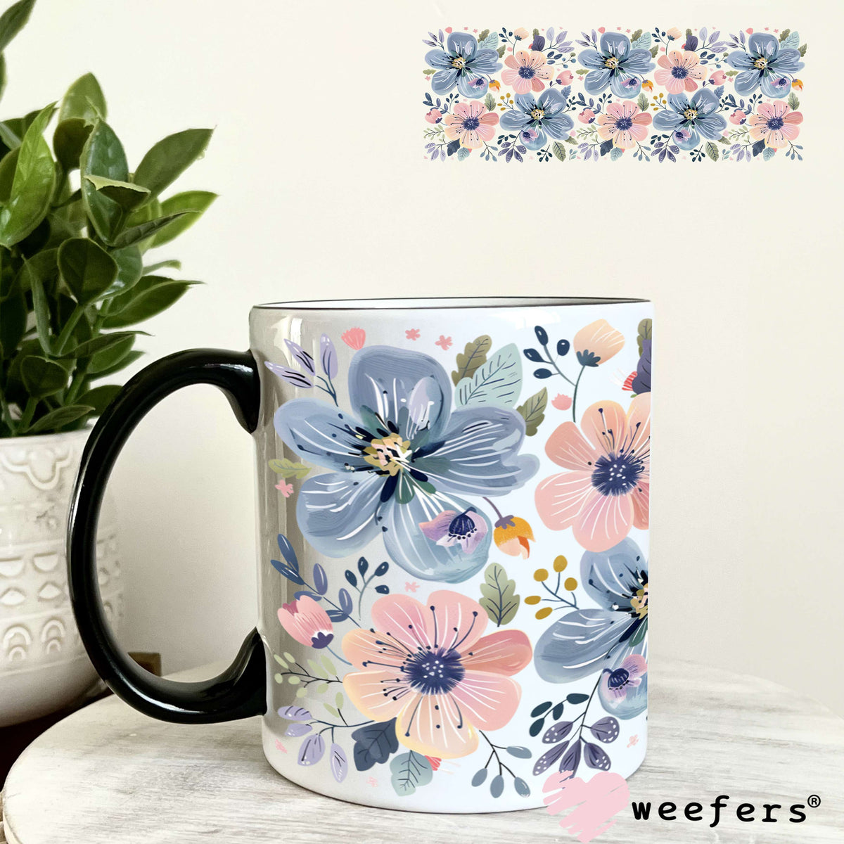 Blue and Blush Pink Flowers UV DTF Cup Wrap 11oz Coffee Mug Weefers