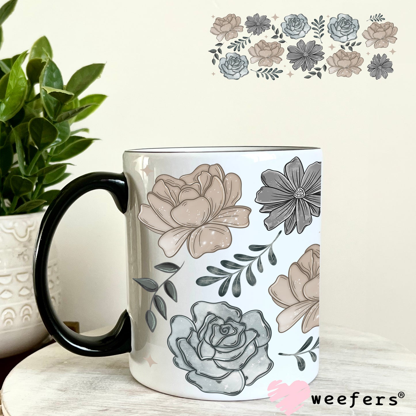 Grey and Light Brown Flowers UV DTF Cup Wrap 11oz Coffee Mug Weefers
