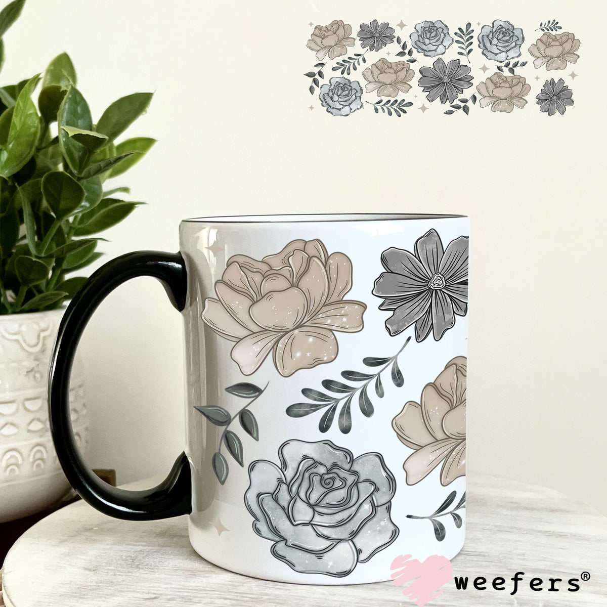 Grey and Light Brown Flowers UV DTF Cup Wrap 11oz Coffee Mug Weefers