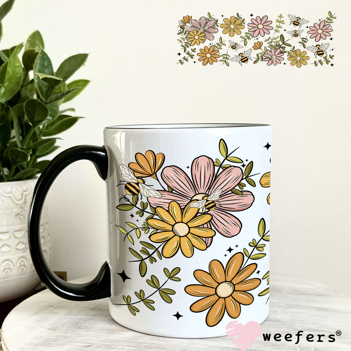 Yellow Mauve Flowers and Bees UV DTF Cup Wrap 11oz Coffee Mug Weefers