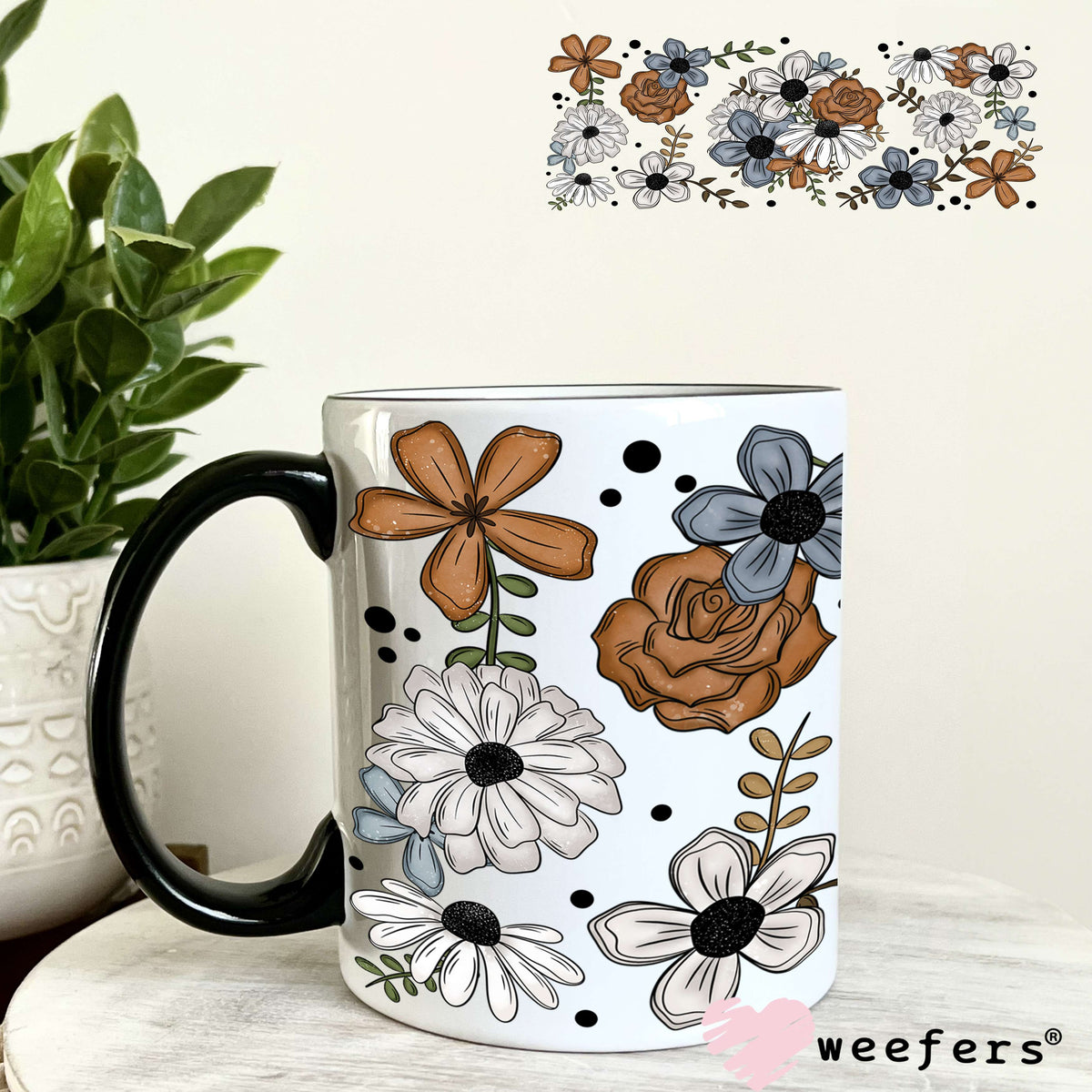 Rust White and Blue Flowers UV DTF Cup Wrap 11oz Coffee Mug Weefers