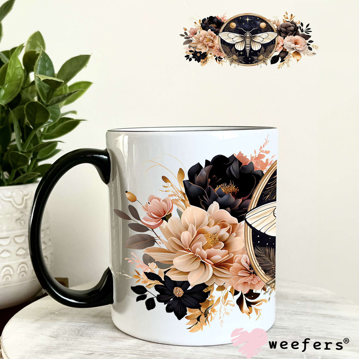 Moth Peach and Black Flowers UV DTF Cup Wrap 11oz Coffee Mug Weefers