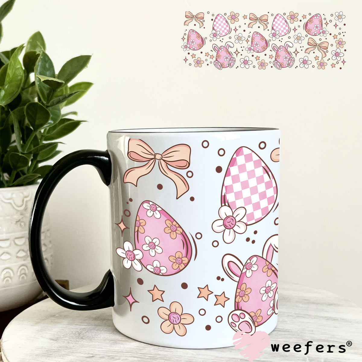 Easter Pink Eggs Bows UV DTF Cup Wrap 11oz Coffee Mug Weefers