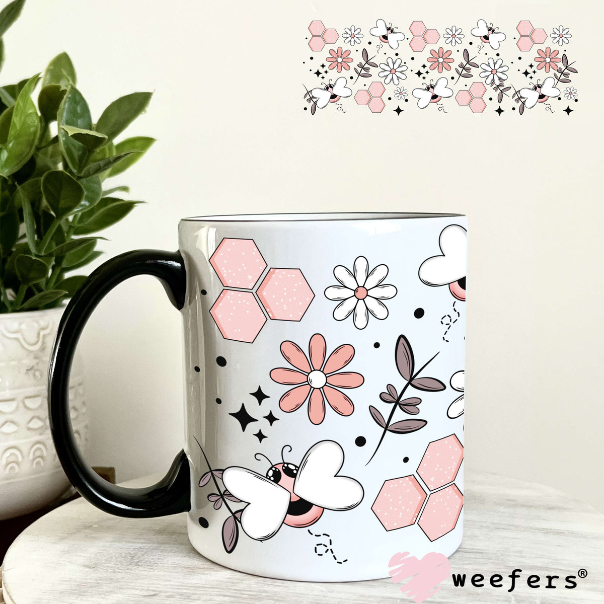 Pink Bees and Pink Honeycomb UV DTF Cup Wrap 11oz Coffee Mug Weefers