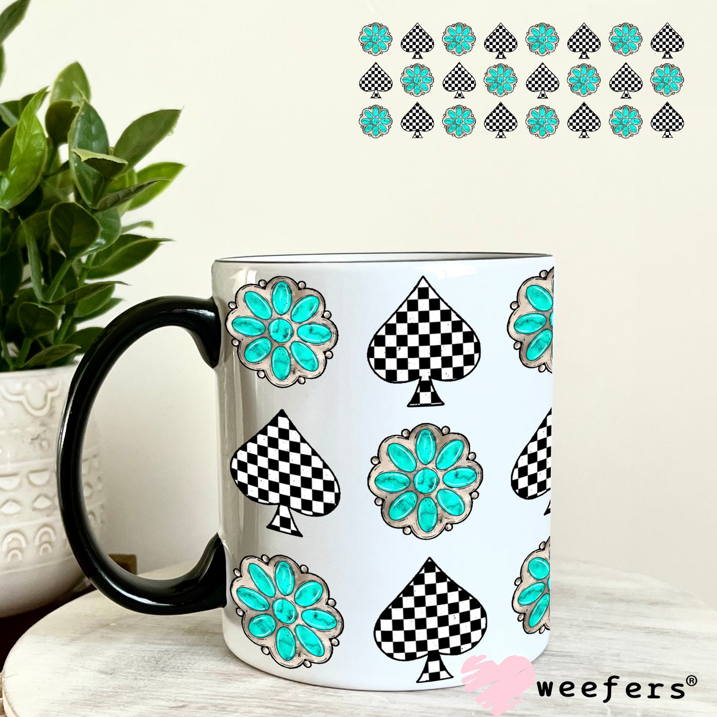 Turquoise Dreams and Checkered Spades UV DTF Cup Wrap - WEEFERS EXCLUSIVE WRAP 11oz Coffee Mug Weefers