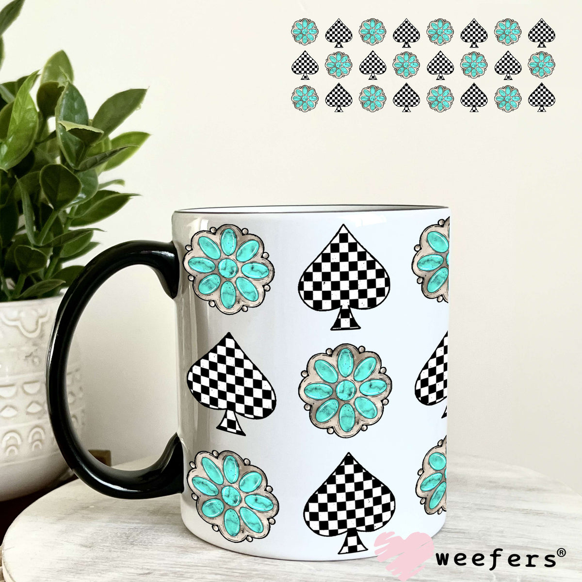 Turquoise Dreams and Checkered Spades UV DTF Cup Wrap - WEEFERS EXCLUSIVE WRAP 11oz Coffee Mug Weefers