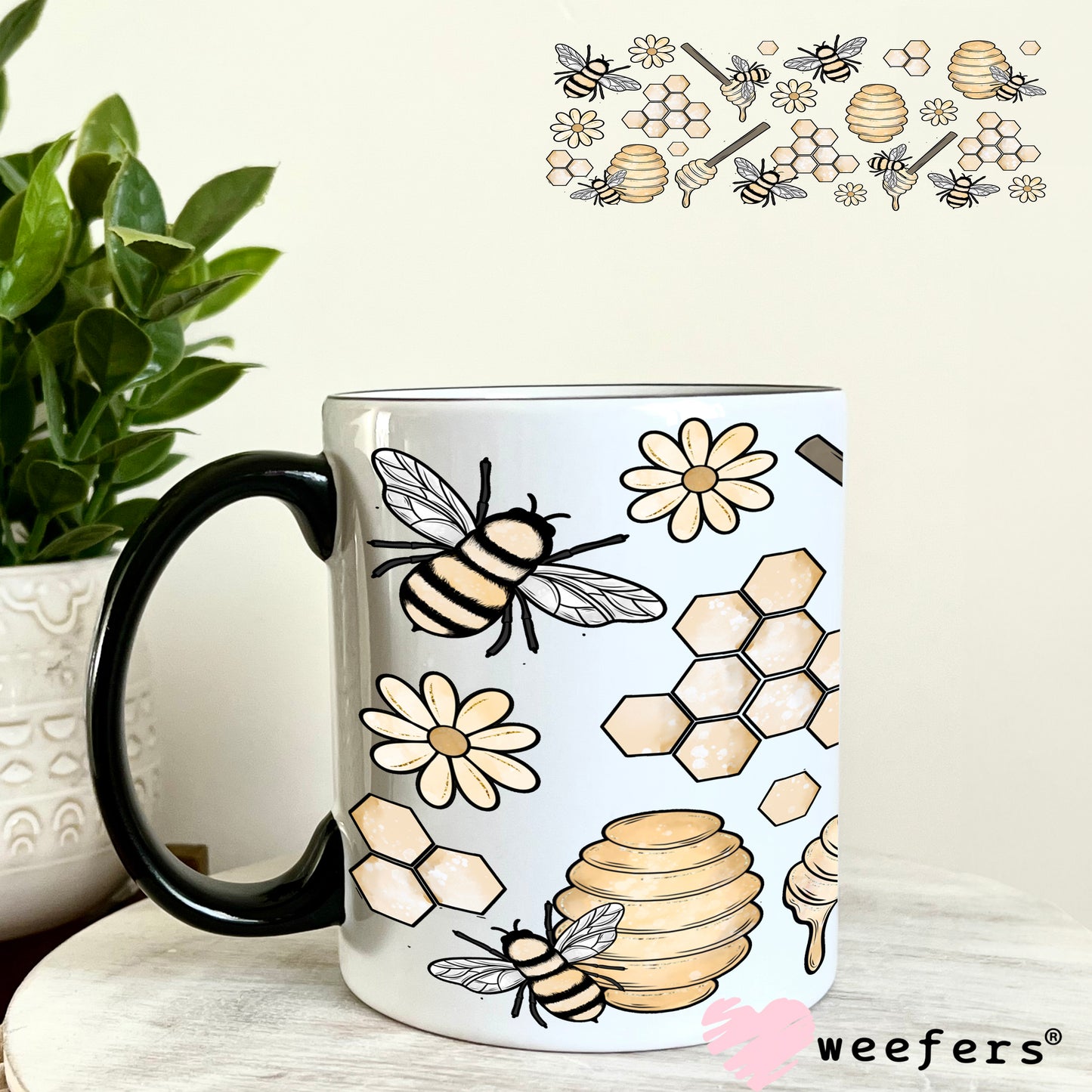 Watercolor Bees and Honey UV DTF Cup Wrap 11oz Coffee Mug Weefers