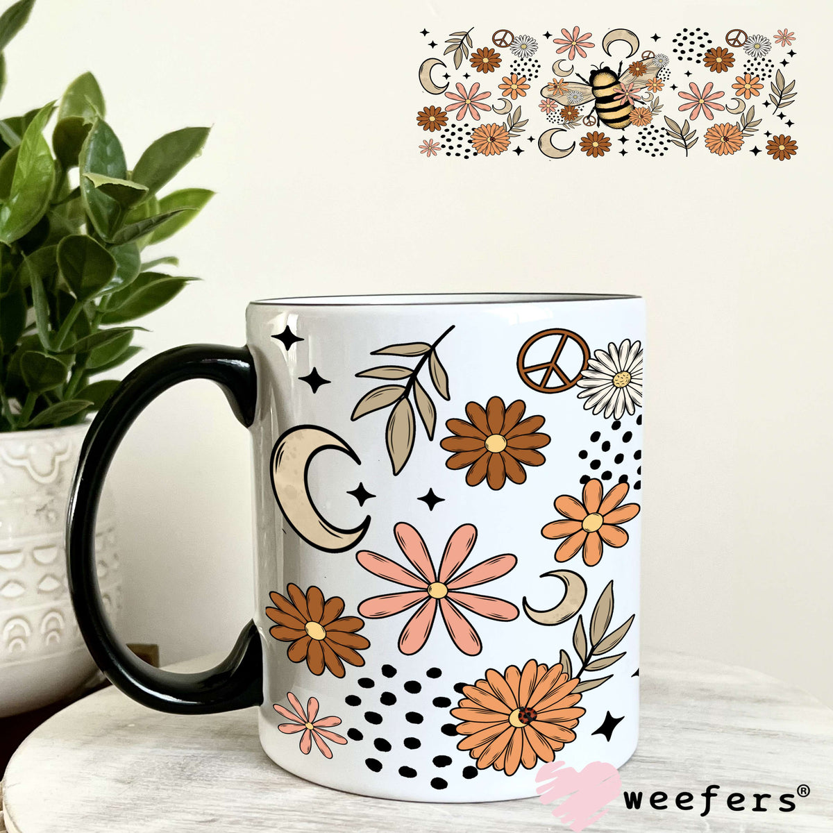 Bee Moon Flowers UV DTF Cup Wrap 11oz Coffee Mug Weefers
