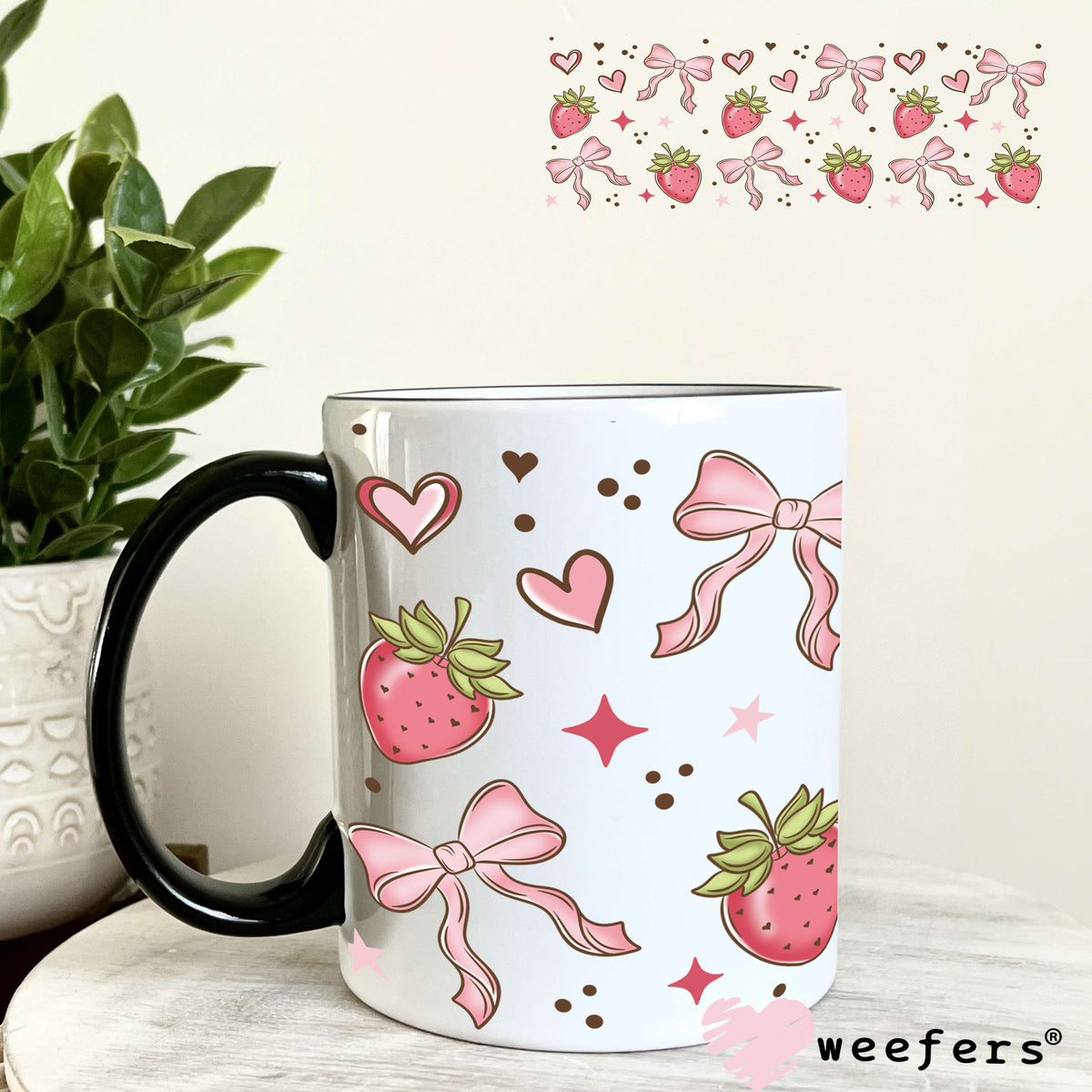 Strawberry Pink Bow Vibes UV DTF Cup Wrap 11oz Coffee Mug Weefers
