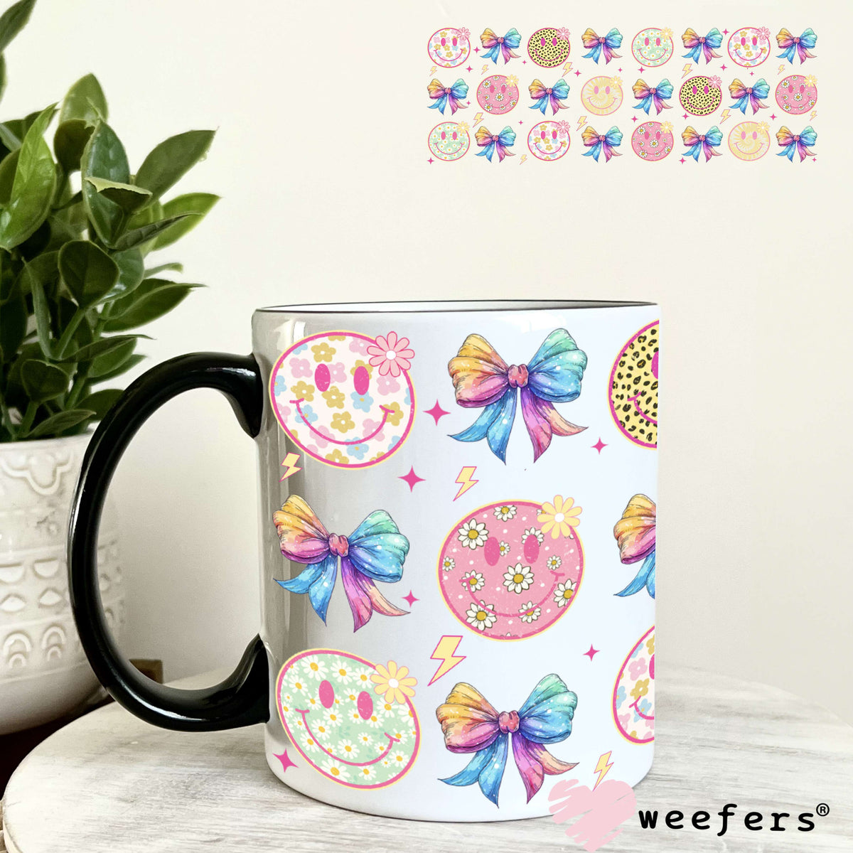 Unicorn Bows Smile Faces UV DTF Cup Wrap 11oz Coffee Mug Weefers