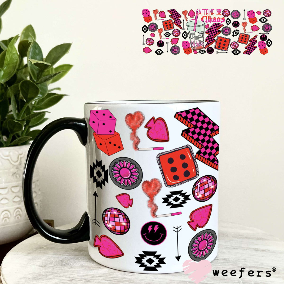 Caffeine and Chaos Hot Pink Dice UV DTF Cup Wrap - WEEFERS EXCLUSIVE WRAP 11oz Coffee Mug Weefers