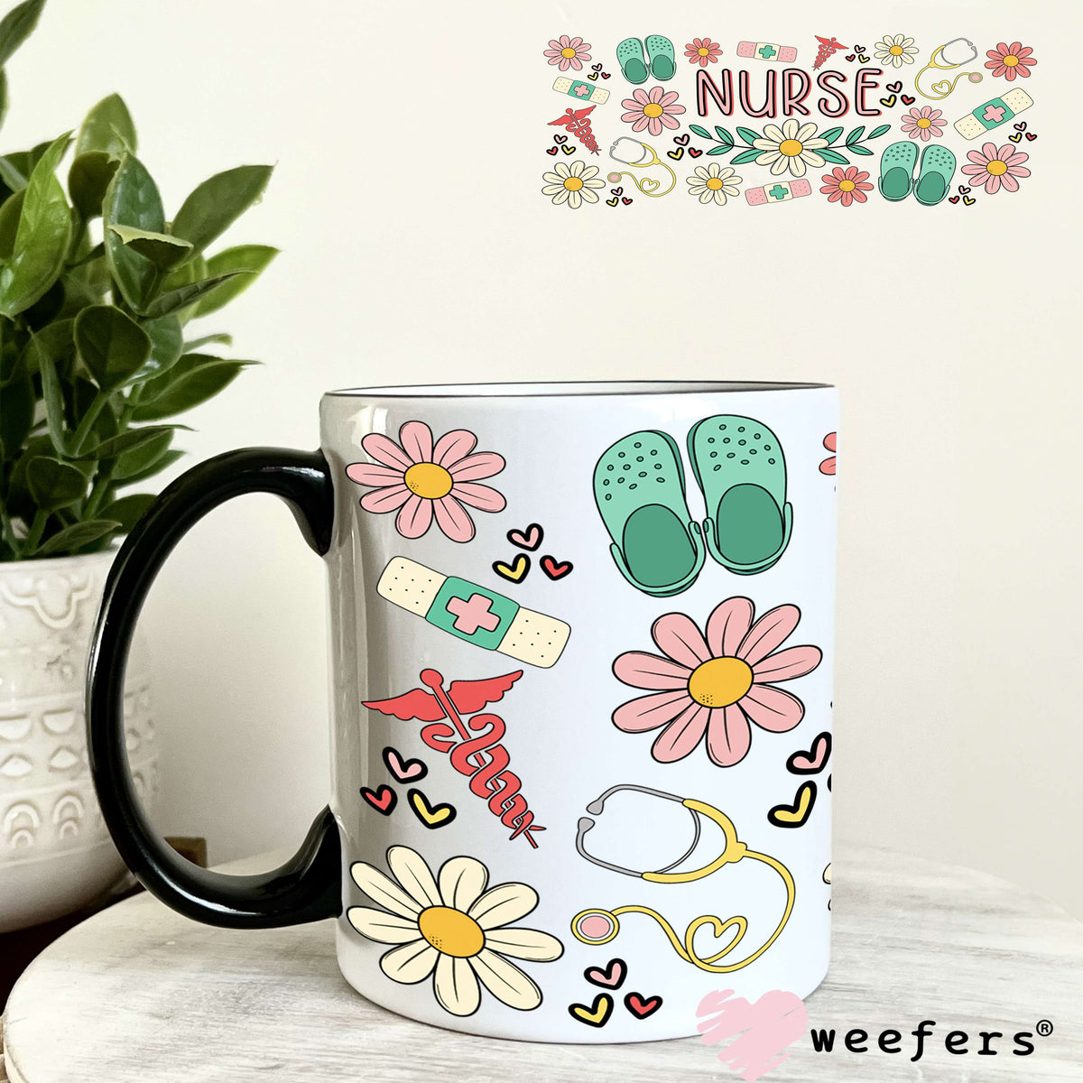 Nurse Green Flowers UV DTF Cup Wrap 11oz Coffee Mug Weefers