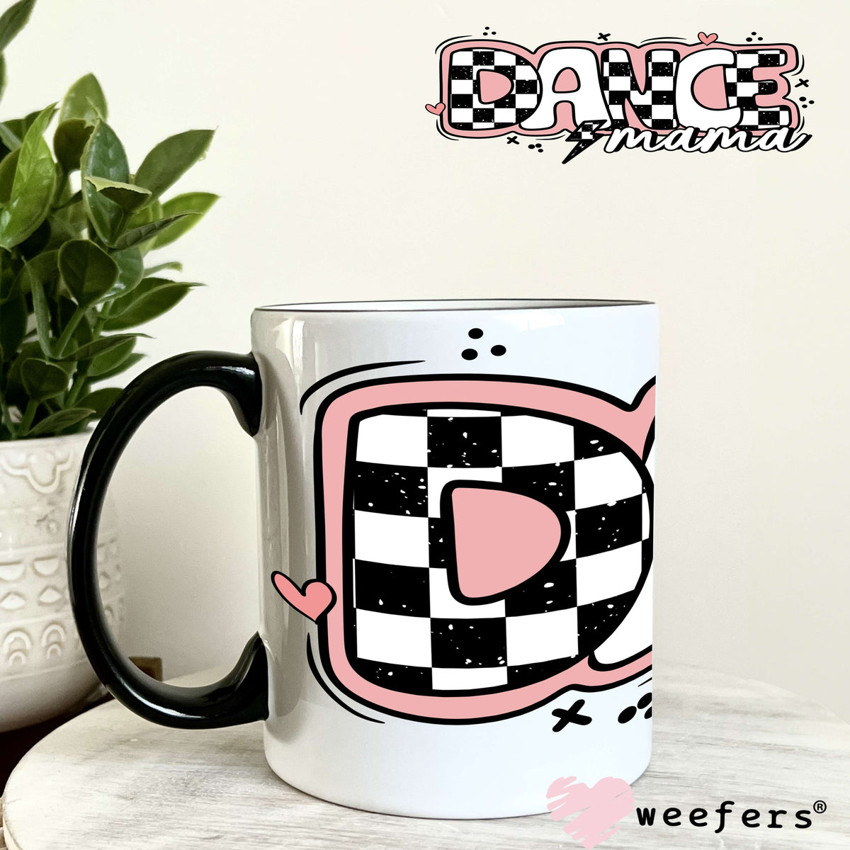 Dance Mama Pink Checkered UV DTF Decal 11oz Coffee Mug Weefers