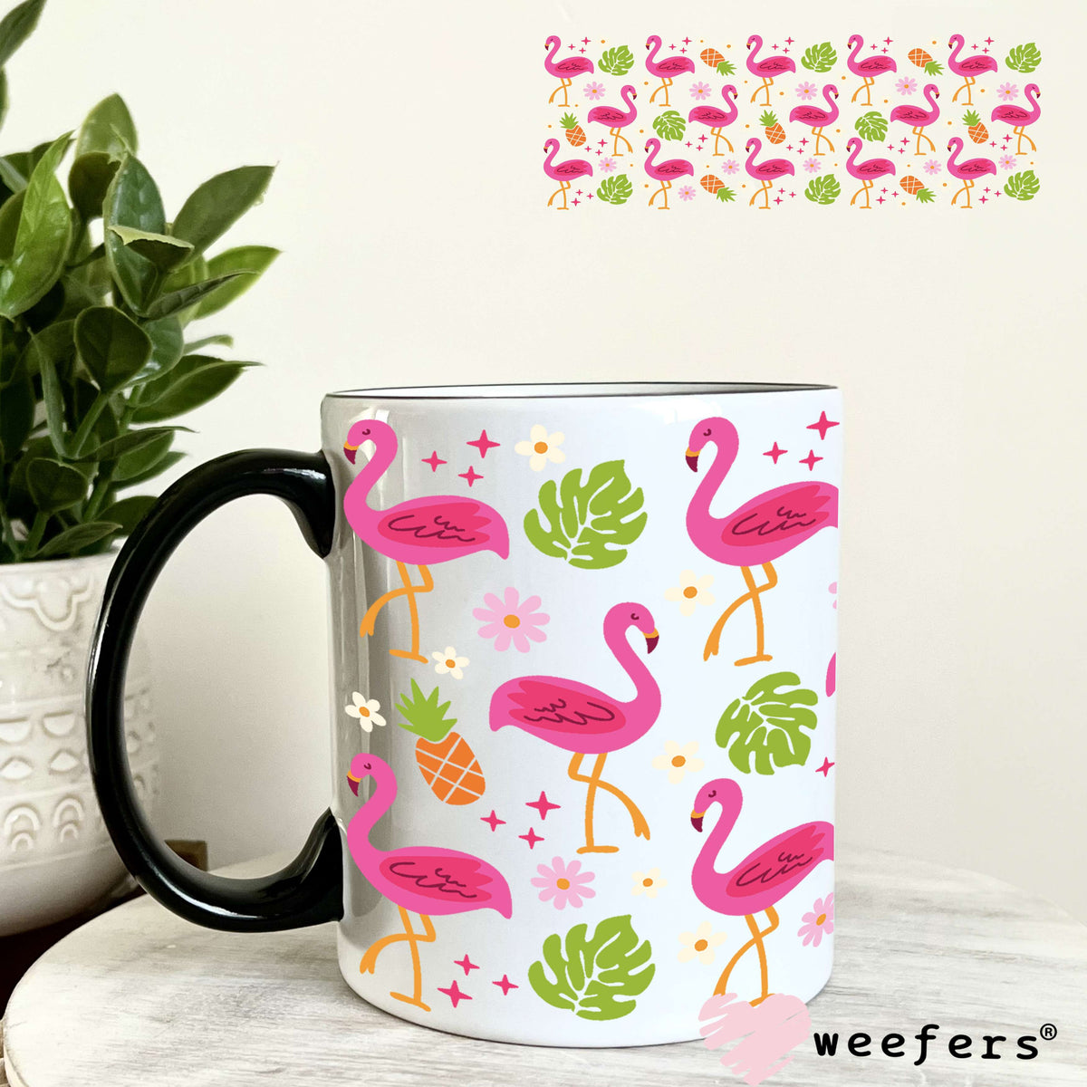 Pink Tropical Flamingos UV DTF Cup Wrap 11oz Coffee Mug Weefers