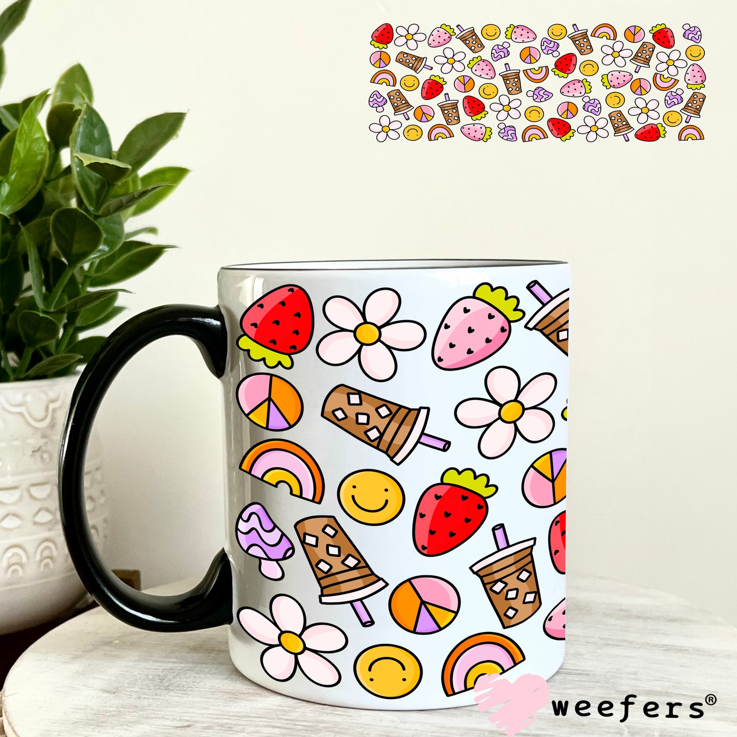 Coffee Strawberries Flower UV DTF Cup Wrap 11oz Coffee Mug Weefers