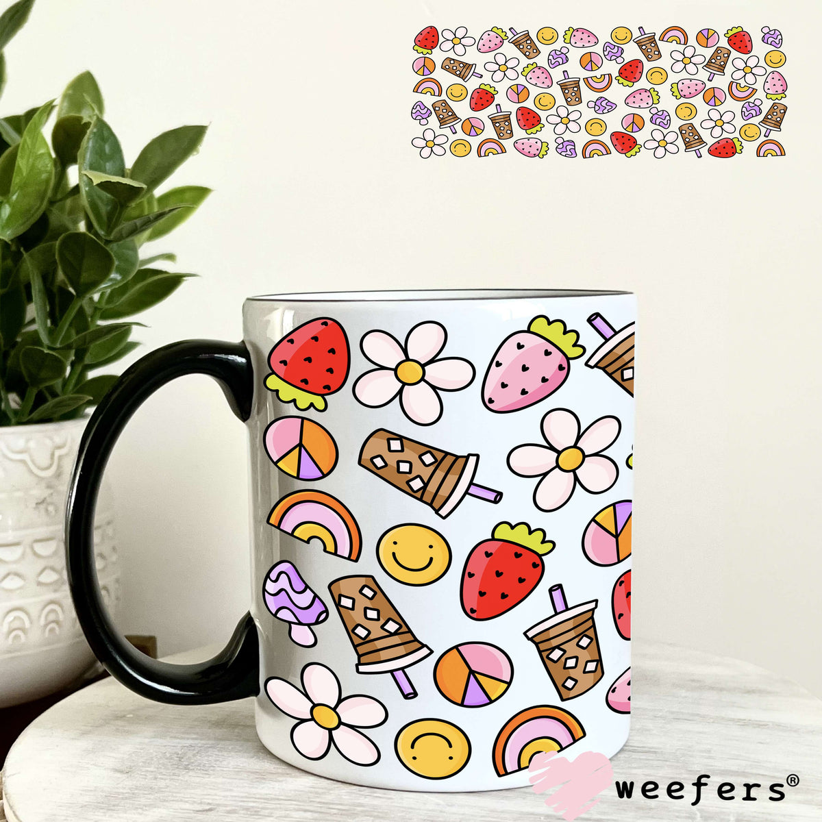 Coffee Strawberries Flower UV DTF Cup Wrap 11oz Coffee Mug Weefers
