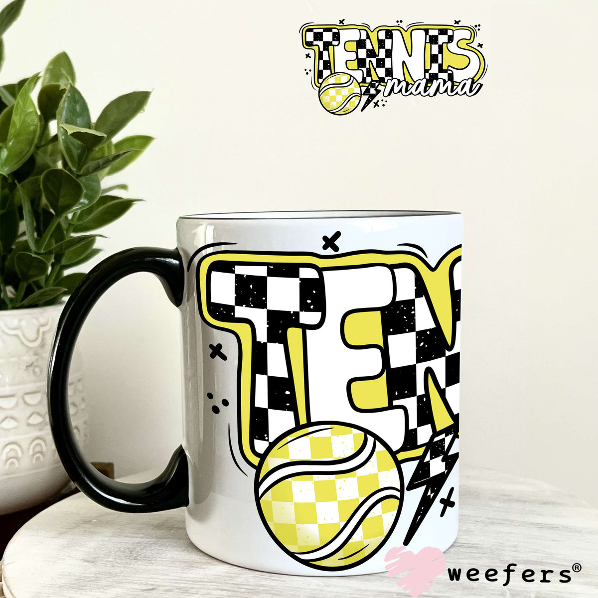 Tennis Mama Yellow Black Checkered UV DTF Cup Wrap 11oz Coffee Mug Weefers