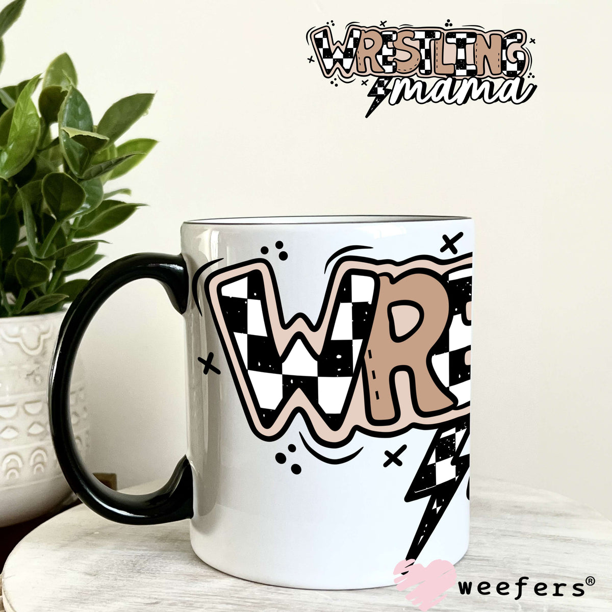 Wrestling Mama Brown White Checkered UV DTF Cup Wrap 11oz Coffee Mug Weefers