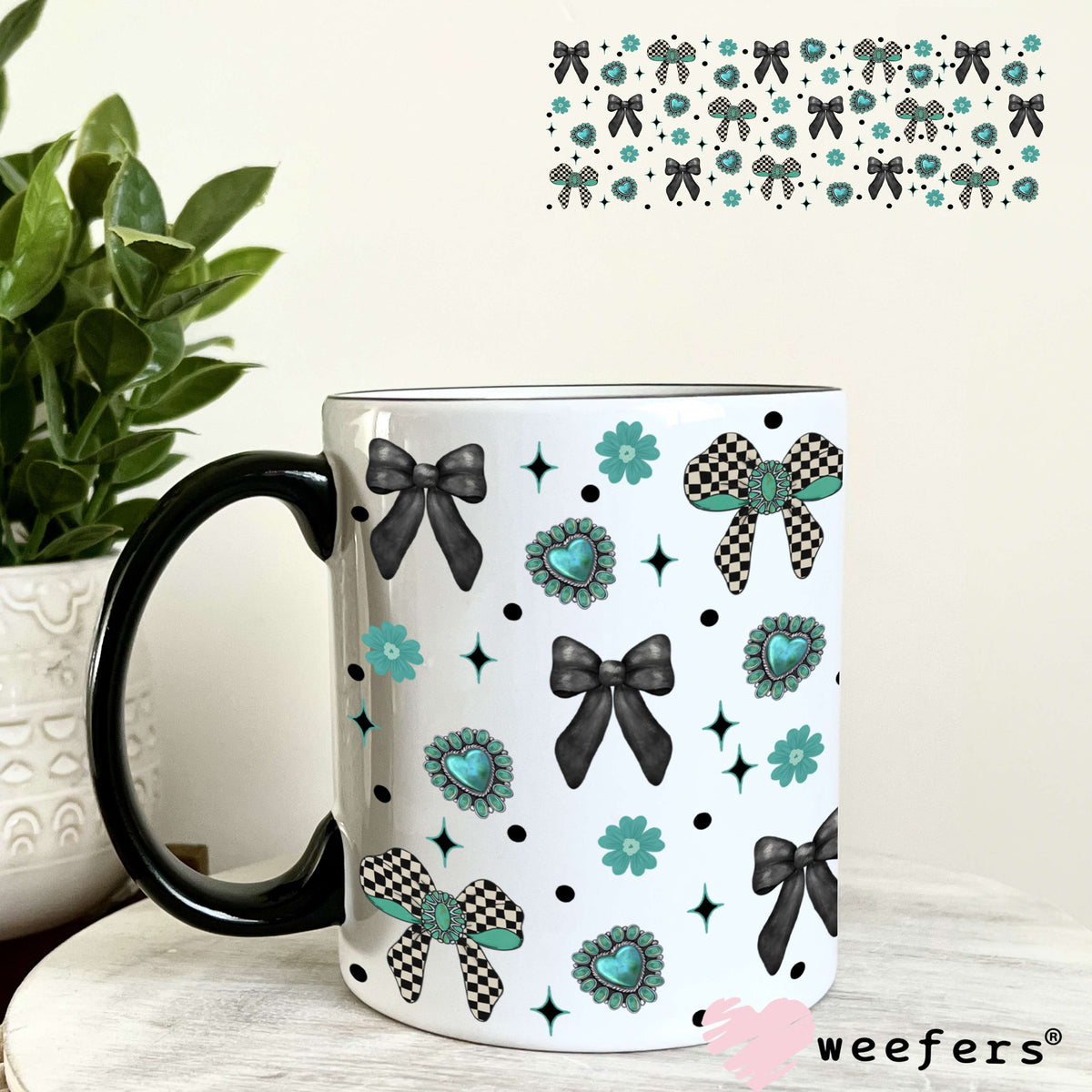 Black and Checkered Turquoise UV DTF Cup Wrap - WEEFERS EXCLUSIVE WRAP 11oz Coffee Mug Weefers