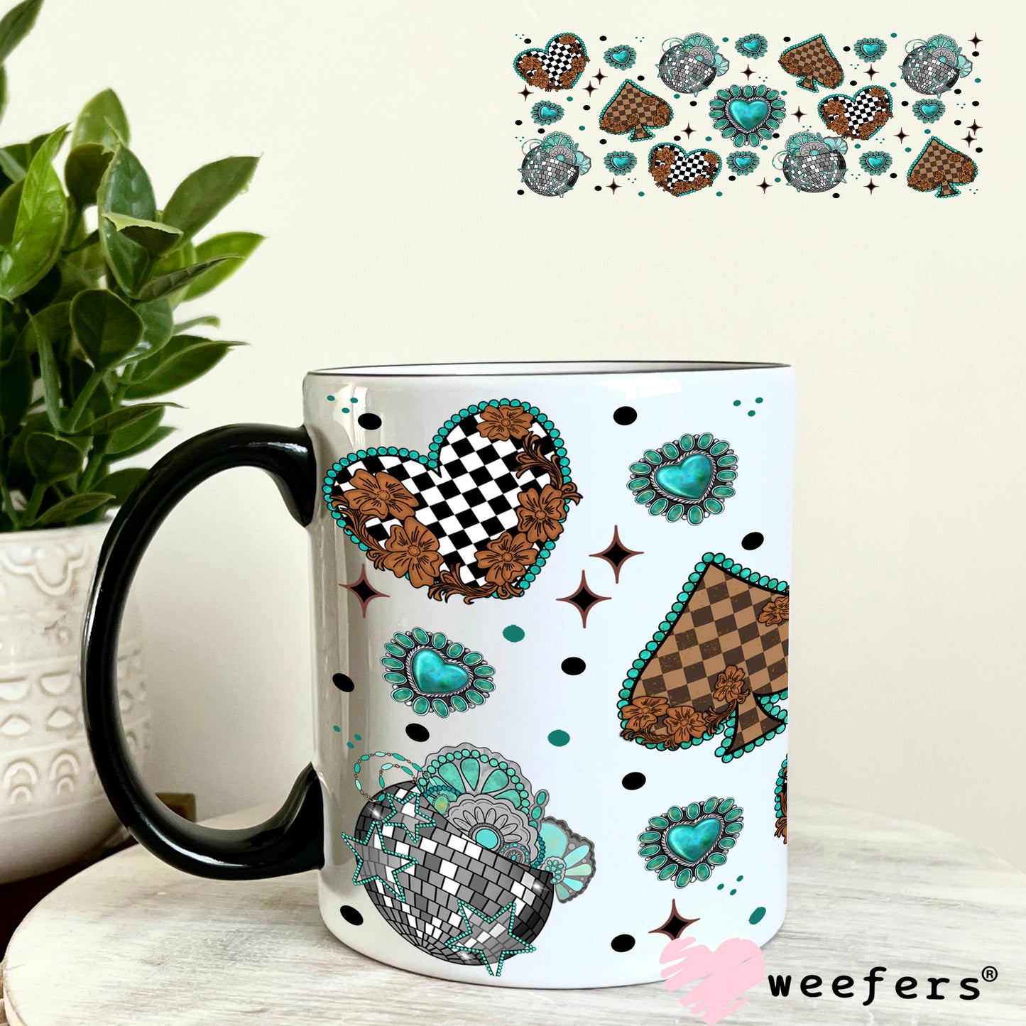 Brown Checkered Heart and Spades Turquoise UV DTF Cup Wrap - WEEFERS EXCLUSIVE WRAP 11oz Coffee Mug Weefers
