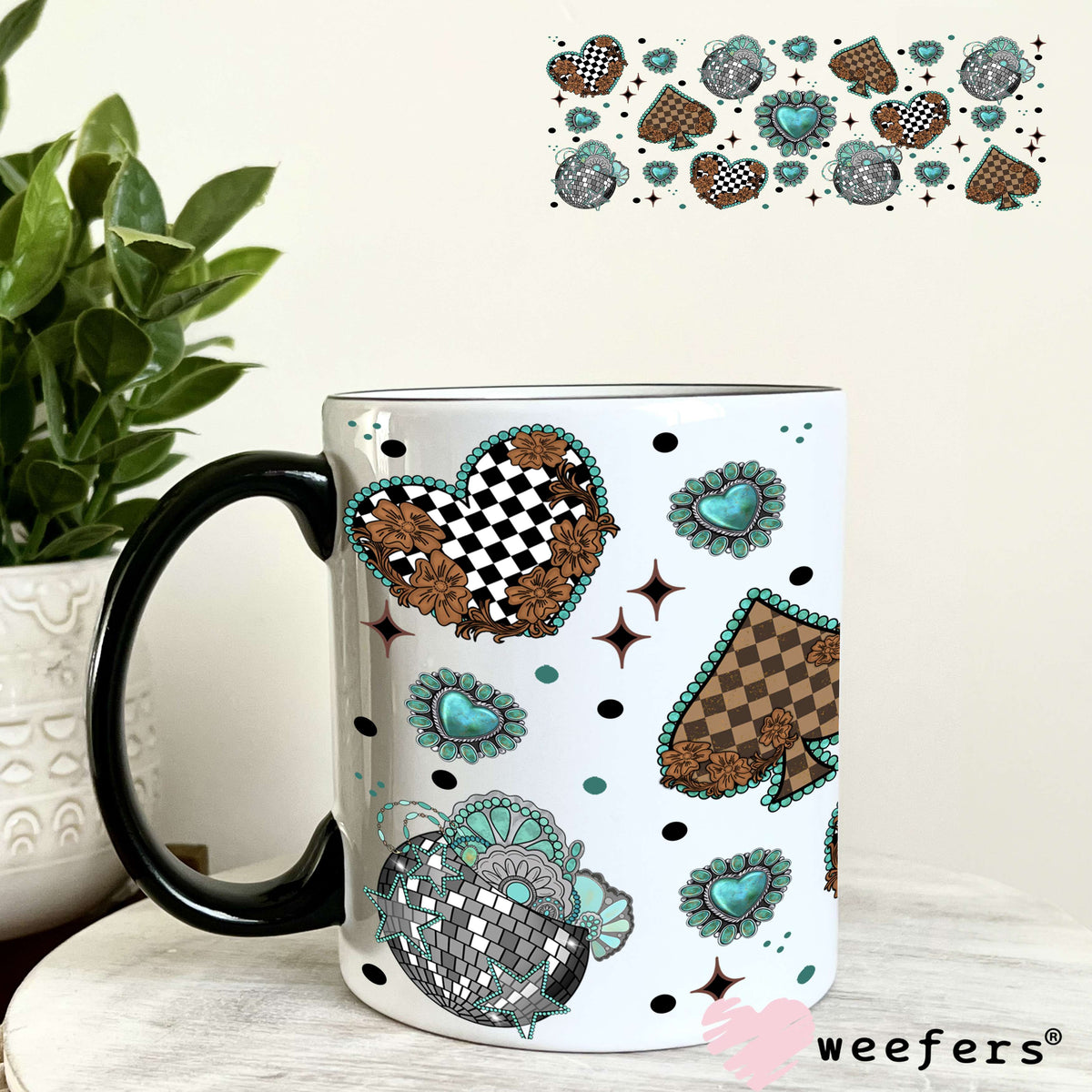 Brown Checkered Heart and Spades Turquoise UV DTF Cup Wrap - WEEFERS EXCLUSIVE WRAP 11oz Coffee Mug Weefers