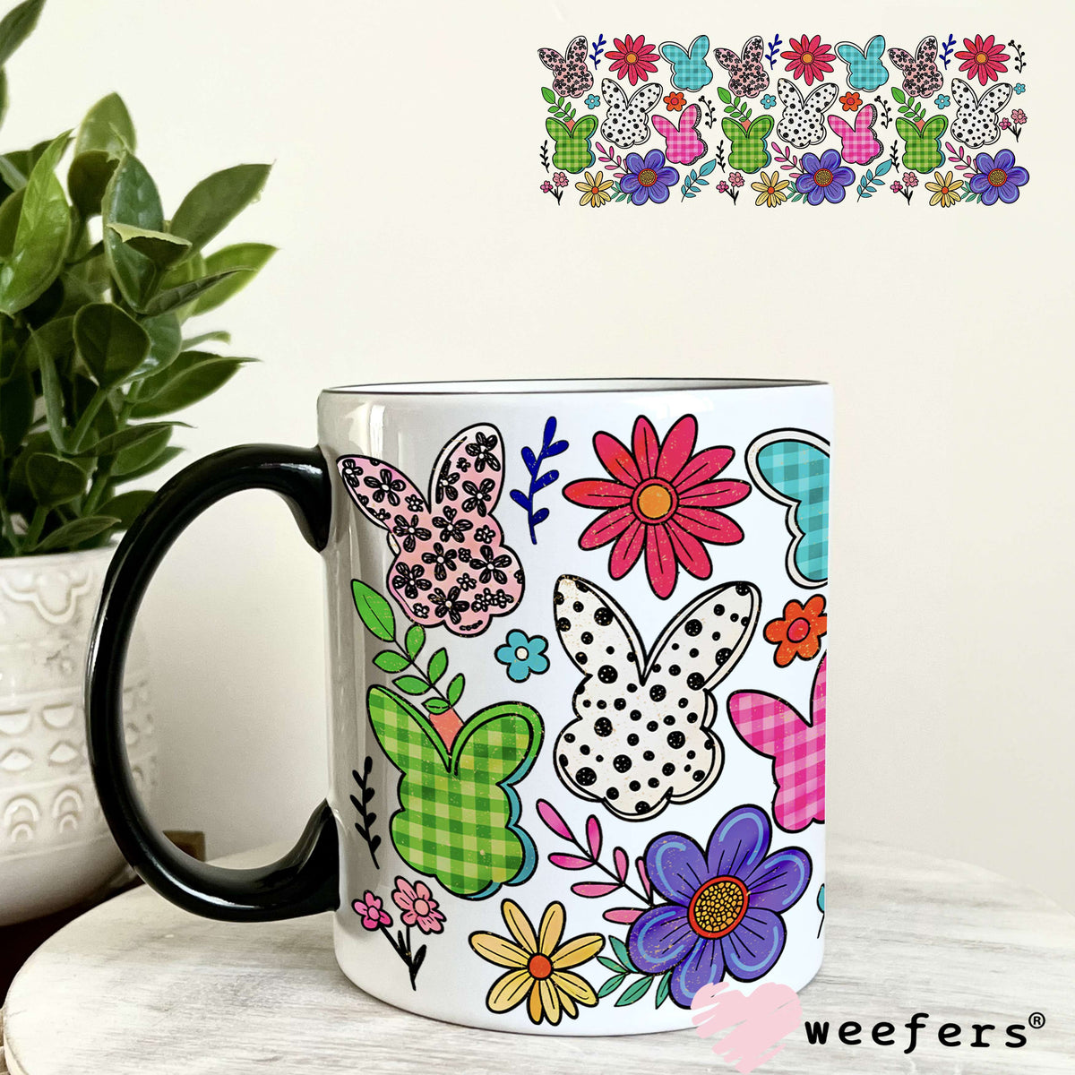 Spring Floral and Plaid Bunnies UV DTF Cup Wrap - WEEFERS EXCLUSIVE WRAP 11oz Coffee Mug Weefers