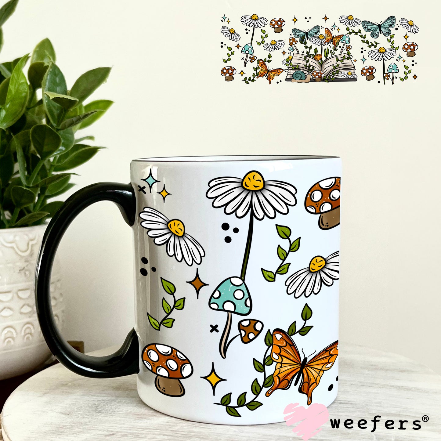Open Book Butterflies and Mushrooms UV DTF Cup Wrap 11oz Coffee Mug Weefers