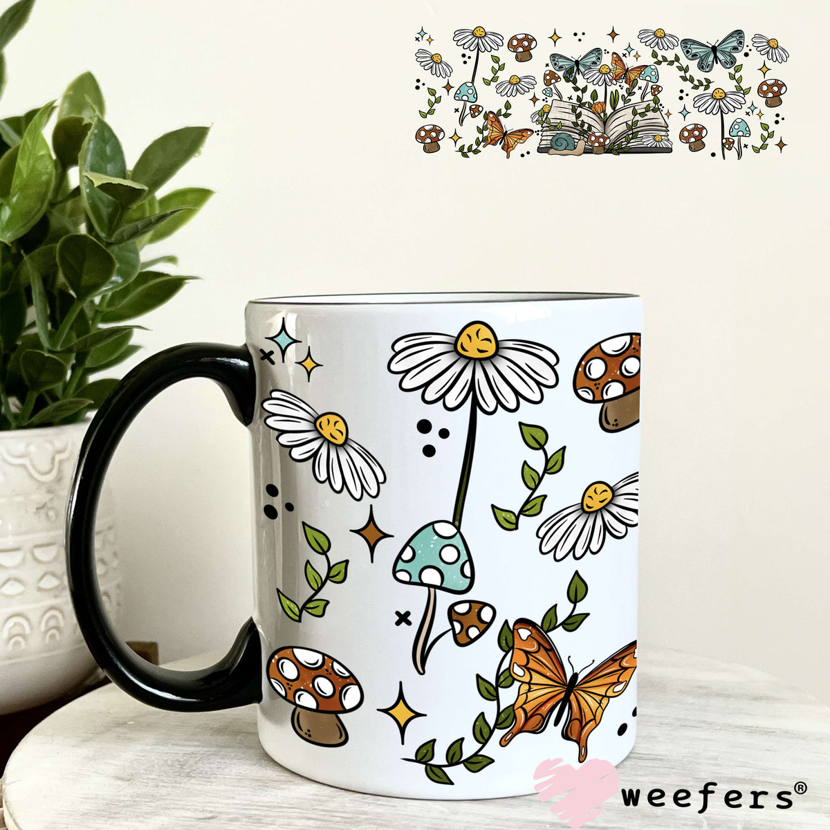 Open Book Butterflies and Mushrooms UV DTF Cup Wrap 11oz Coffee Mug Weefers