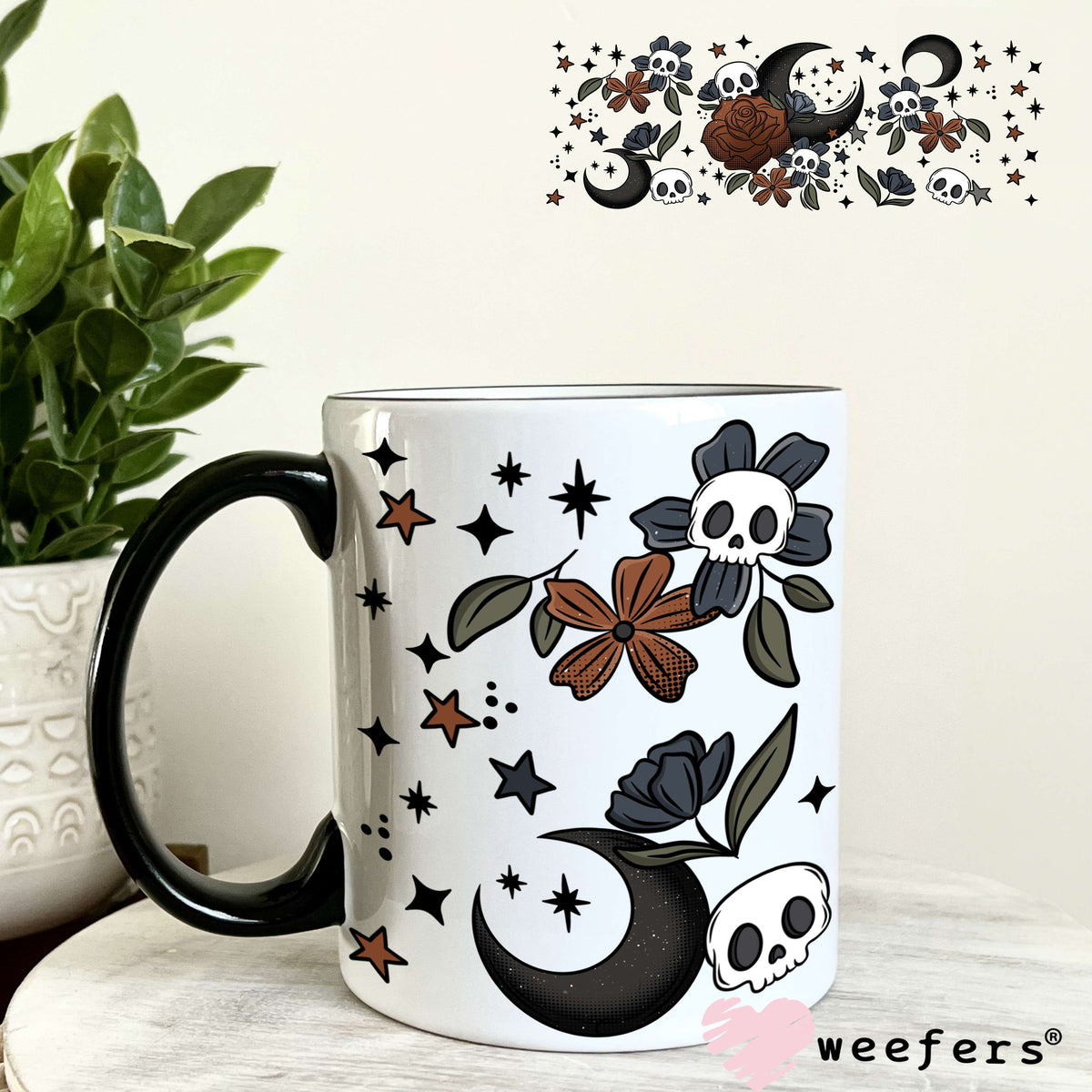 Burgundy Rose Black Moon and Skulls UV DTF Cup Wrap 11oz Coffee Mug Weefers
