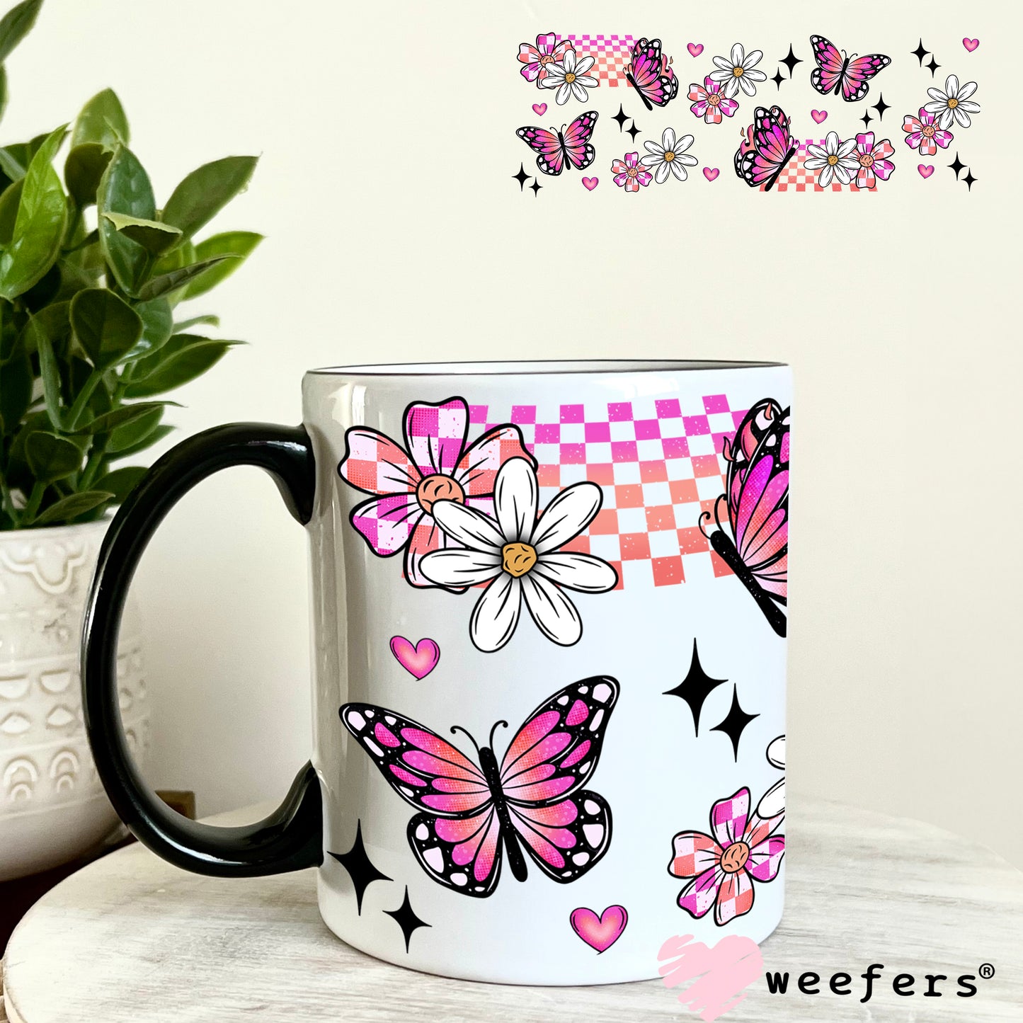 Pink Orange and Black Butterflies and Flowers UV DTF Cup Wrap 11oz Coffee Mug Weefers
