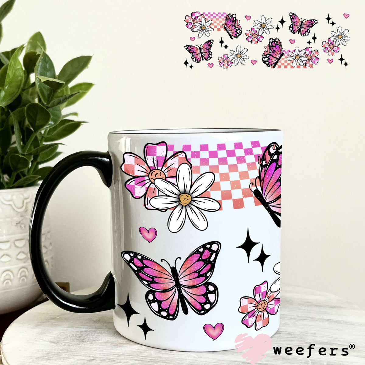 Pink Orange and Black Butterflies and Flowers UV DTF Cup Wrap 11oz Coffee Mug Weefers
