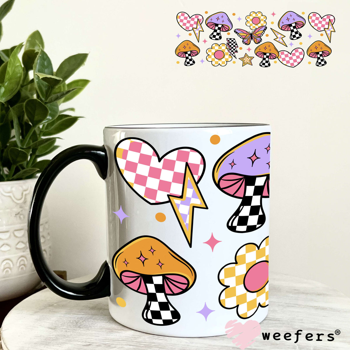 Retro Groovy Mushrooms Flowers UV DTF Cup Wrap 11oz Coffee Mug Weefers