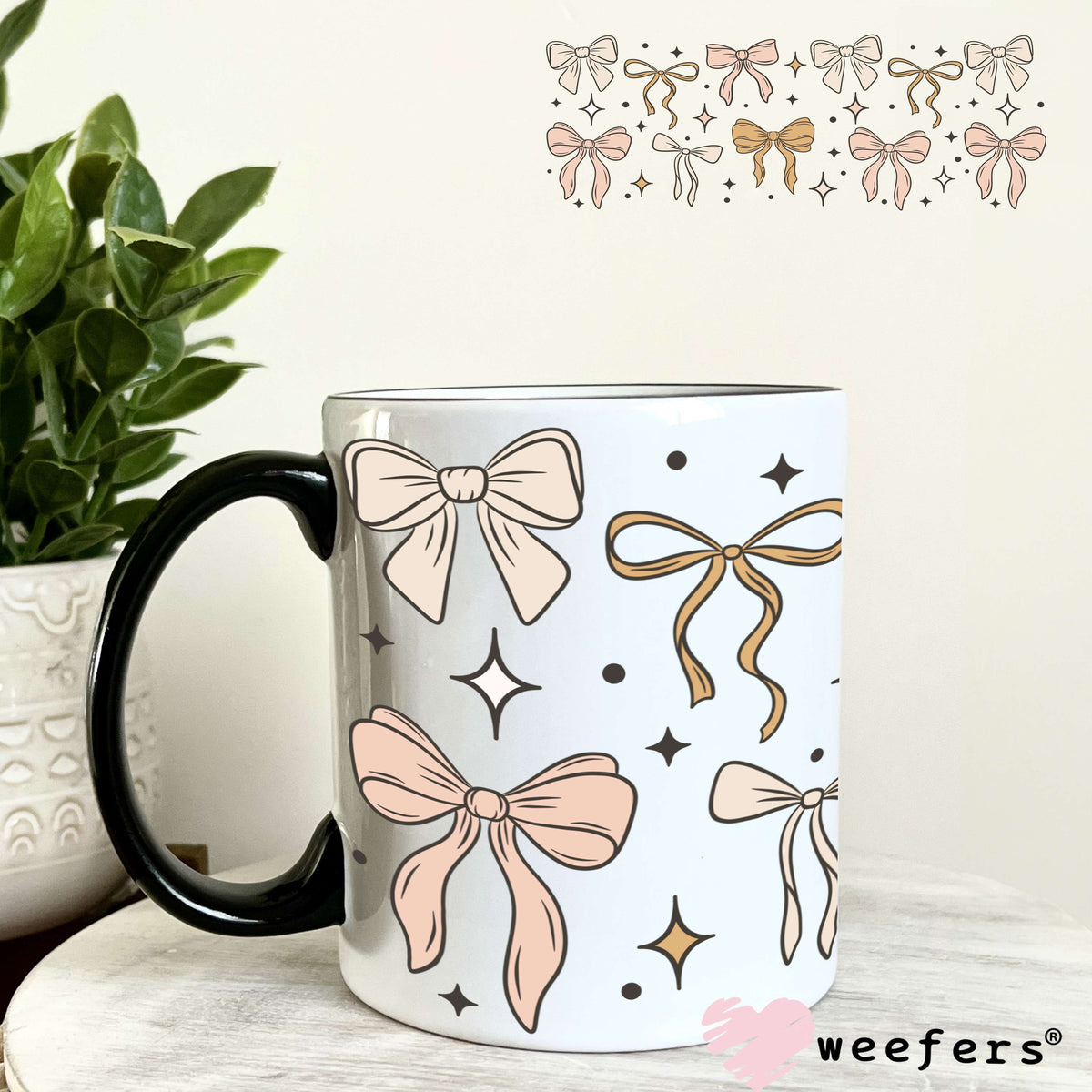 Neutral Coquette Bows UV DTF Cup Wrap 11oz Coffee Mug Weefers