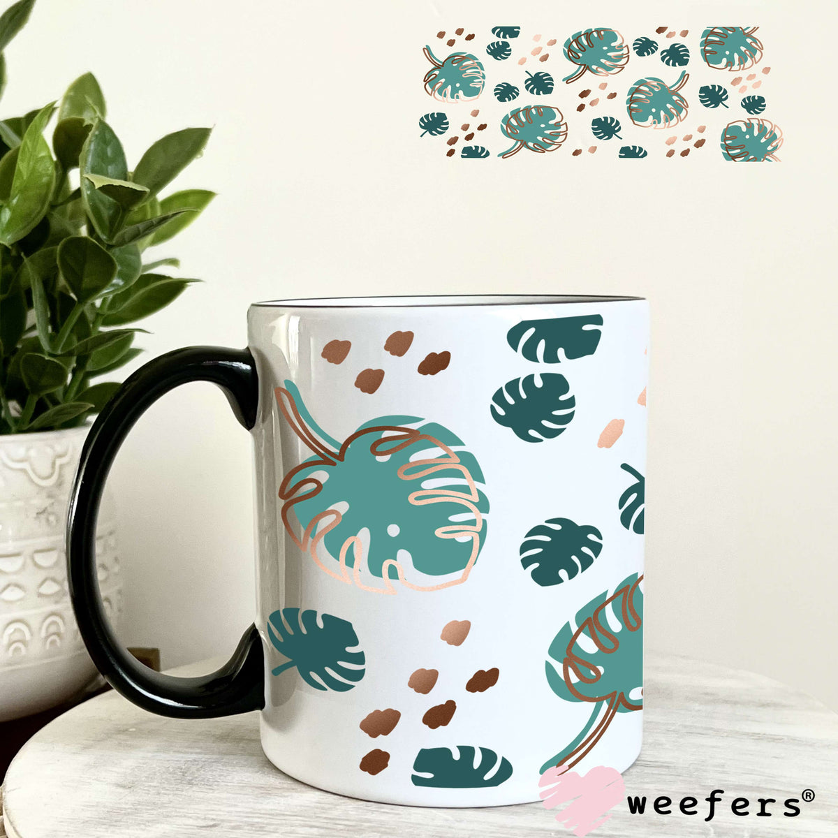 Monstera Leaves Gold UV DTF Cup Wrap 11oz Coffee Mug Weefers