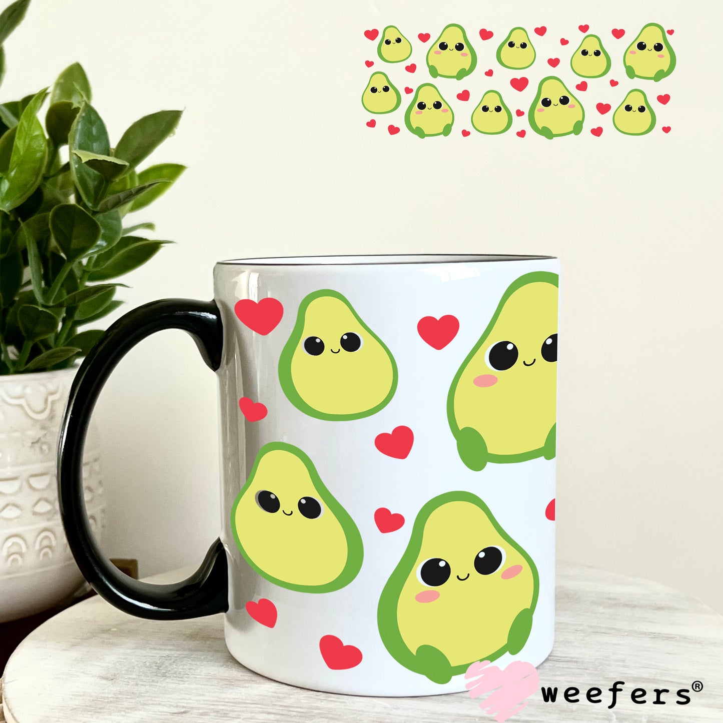 Avocado Lover Red Hearts UV DTF Cup Wrap 11oz Coffee Mug Weefers
