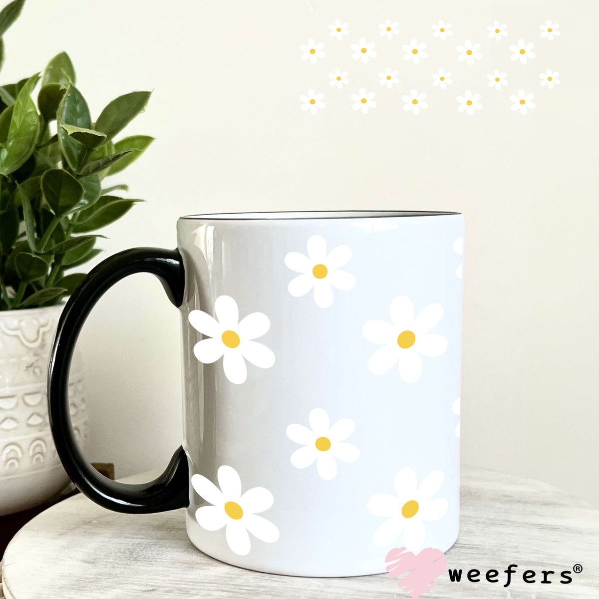 White Daisy Flowers UV DTF Cup Wrap 11oz Coffee Mug Weefers