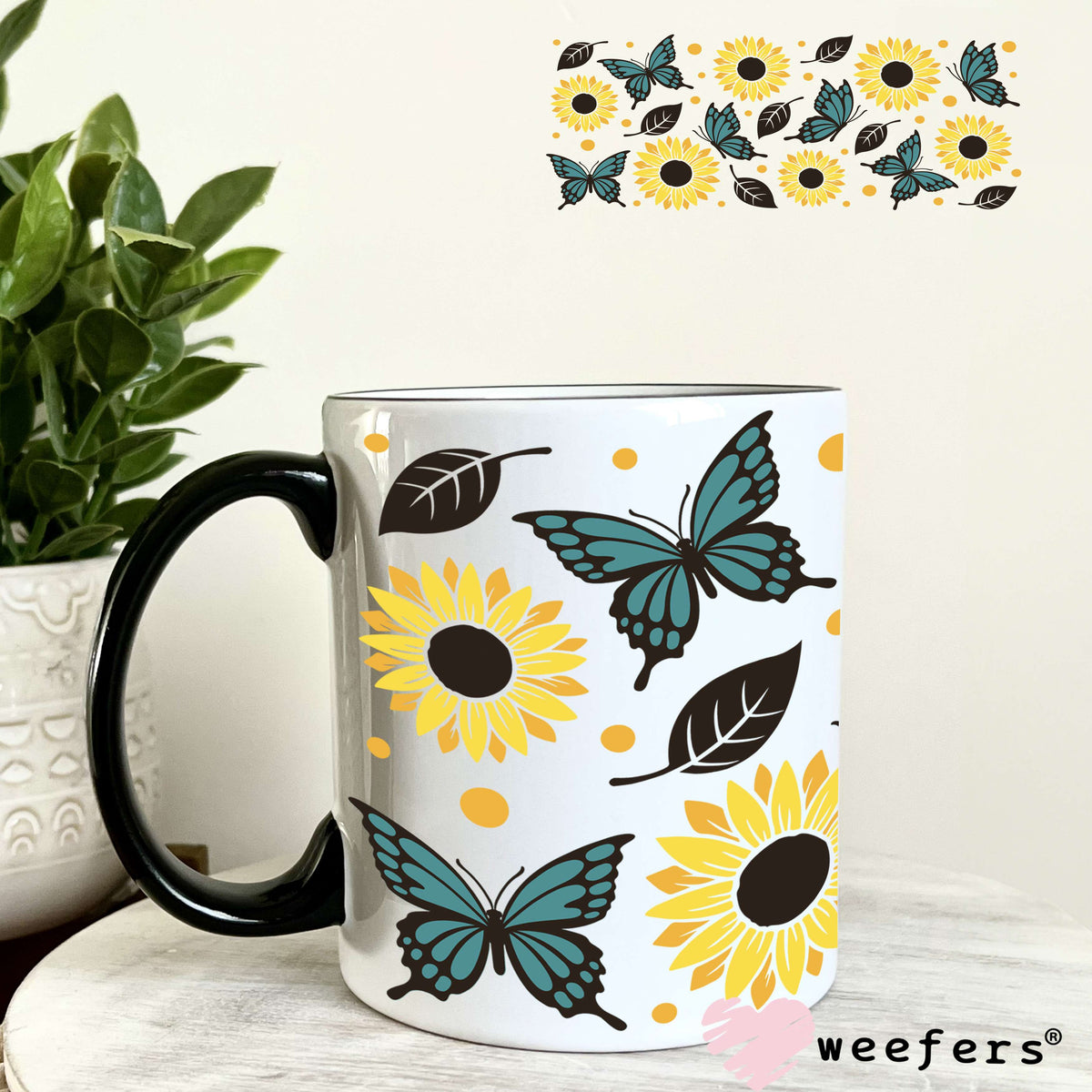 Sunflowers and Teal Butterflies UV DTF Cup Wrap 11oz Coffee Mug Weefers