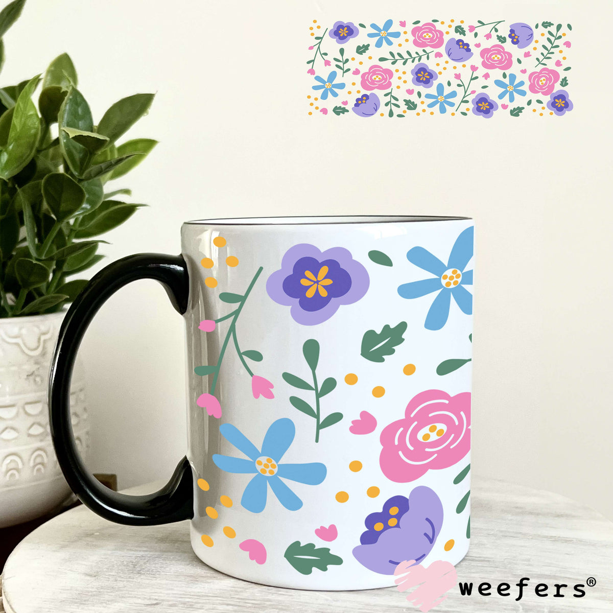 Purple Pink and Blue Flowers UV DTF Cup Wrap 11oz Coffee Mug Weefers
