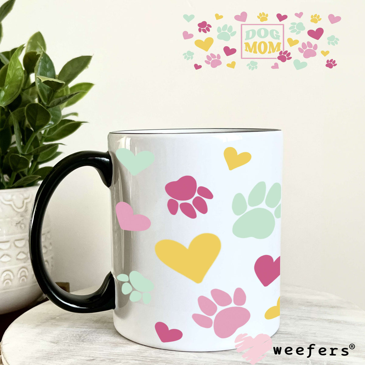 Dog Mom Pink Green Yellow Paws Hearts UV DTF Cup Wrap 11oz Coffee Mug Weefers