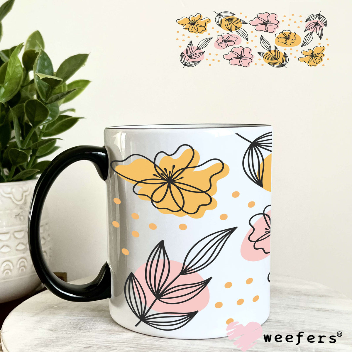 Abstract Flowers Pink and Mustard UV DTF Cup Wrap 11oz Coffee Mug Weefers