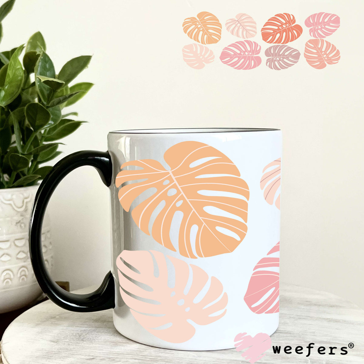 Monstera Leaves Blush UV DTF Cup Wrap 11oz Coffee Mug Weefers